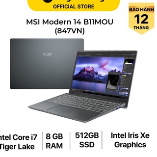 Laptop msi modern 14 b11mou i7 1195g7/8gb/512gb/14"f/túi/chuột/win10//xám - hàng chính hãng