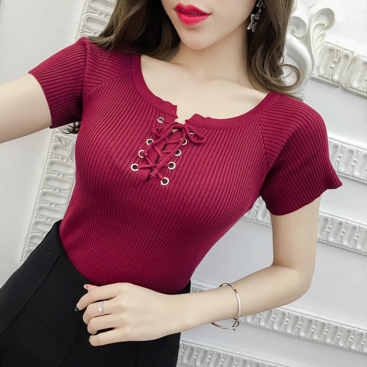 【NEW】Women Blouse Knitted T-Shirt Cross Tie Tshirt Blouse | BigBuy360 - bigbuy360.vn