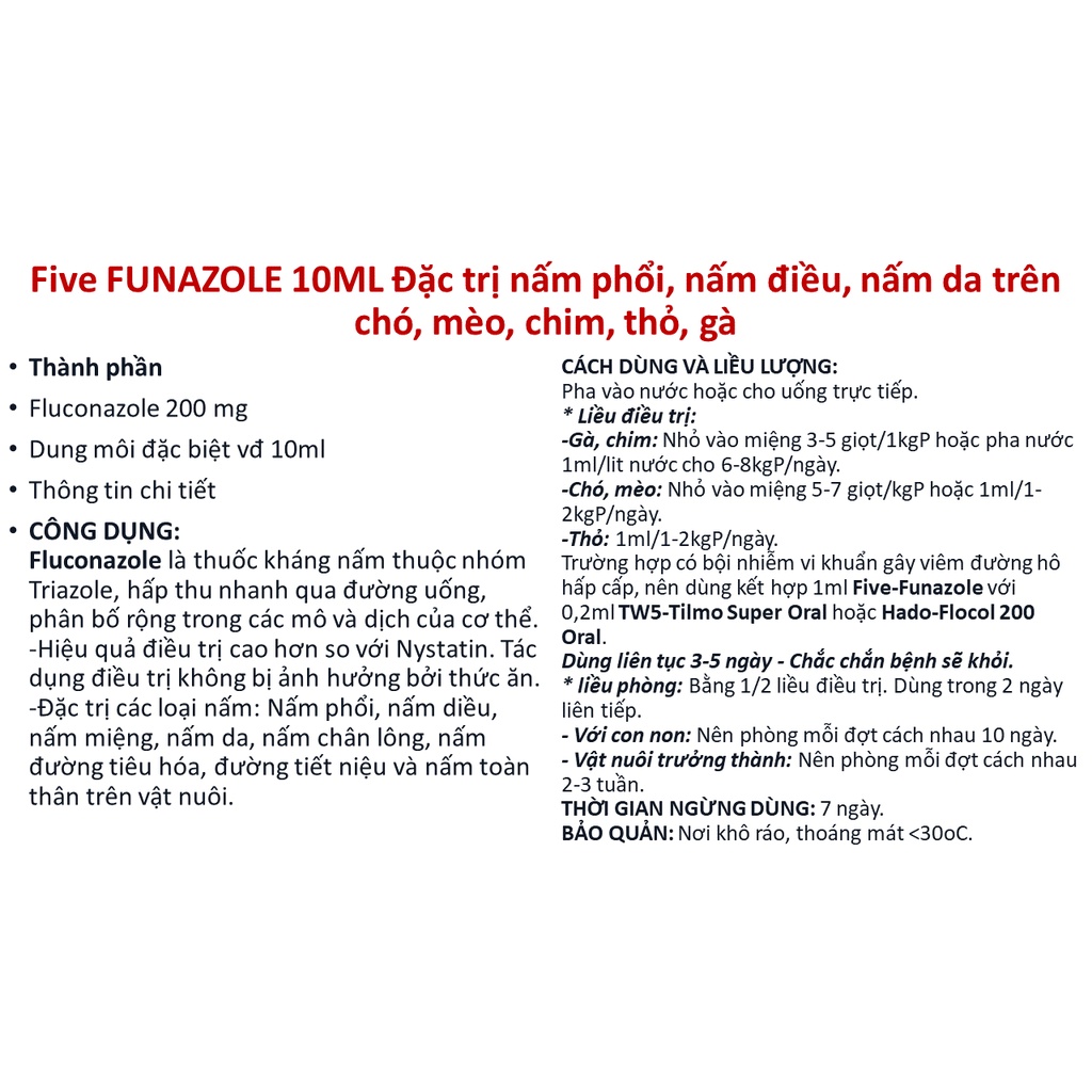 Five FUNAZOLE 10ML nấm phổi trên chó mèo thỏ chim gà