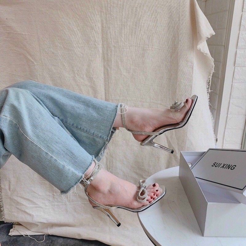 GIÀY SANDAL QUAI BẢN MIKA NƠ ĐÍNH ĐÁ GÓT NHỌN 9p CẢ 1 VÒNG VÀ 2 VÒNG ĐÁ