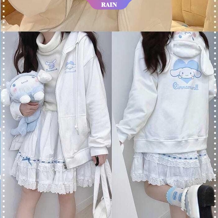 Áo Khoác Hoodie Nhung Có Khóa Kéo In Họa Tiết Hoạt Hình Sanrio Cinnamoroll Kuromi Phong Cách Kawaii Cho Nữ Sinh [RAIN]