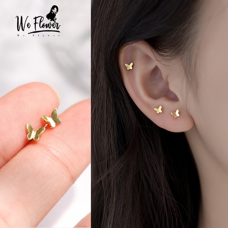 Khuyên tai WE FLOWER dạng xỏ mạ bạc 925/ mạ vàng thiết kế bươm bướm phong cách Hàn Quốc thời trang cho nữ