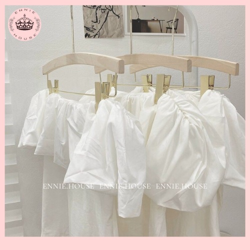 Áo Trễ Vai Bèo Ngực Tay Bồng Màu Trắng Chất Liệu Cotton Pha Ennie Có Ảnh Cận Chất CD033
