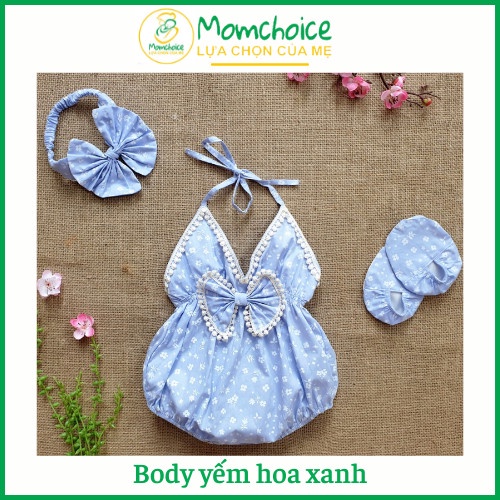 Body yếm xanh bé gái❤️ FREESHIP ❤️ Yếm đẹp trẻ em kèm turban &amp; giày vải từ ss -13kg chất thô lụa phối ren hạt cao cấp