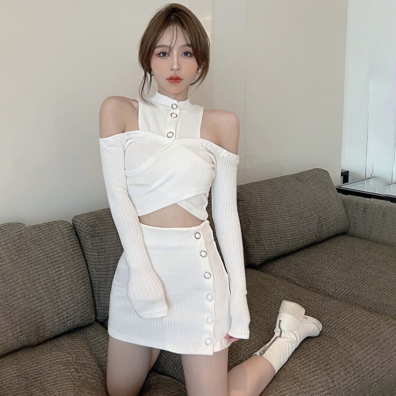 Set áo hở vai màu trơn và chân váy lưng cao thời trang nữ