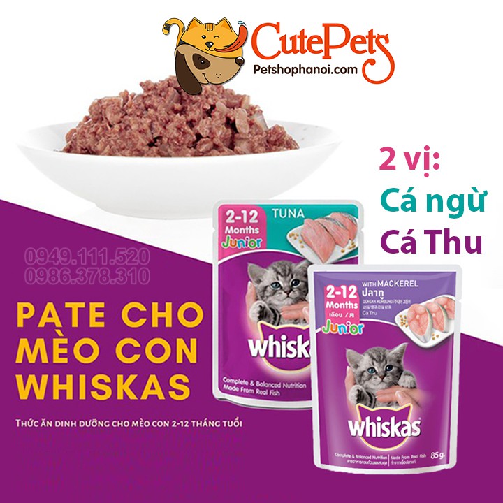 Pate cho mèo con Whiskas Junior 85g 2 vị cá ngừ và cá thu - CutePets