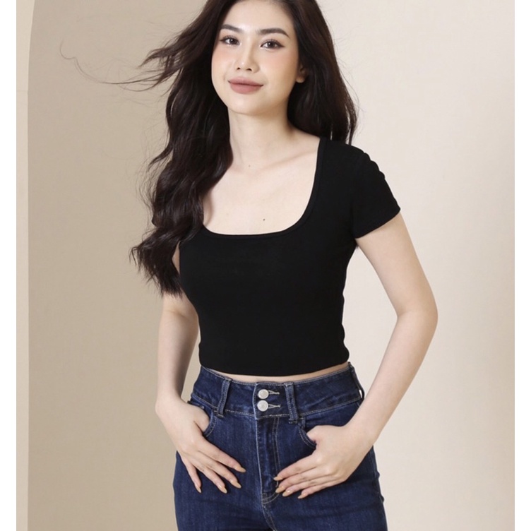 Áo croptop cổ vuông 3 màu, chất cotton bozip siêu co giãn, thấm hút mồ hôi