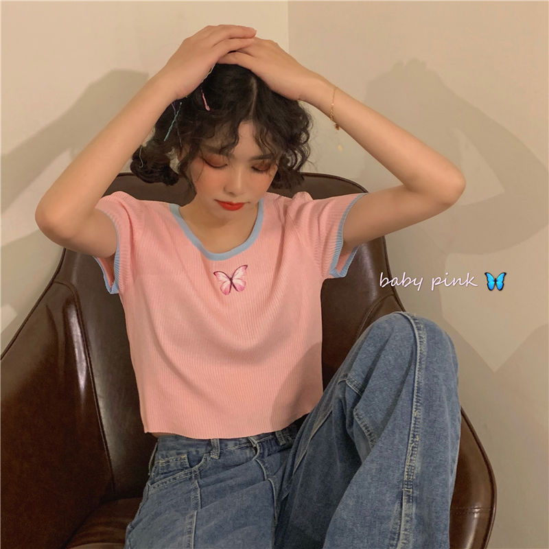 Áo thun nữ tay ngắn in hình bướm phong cách Harajuku phiên bản Hàn