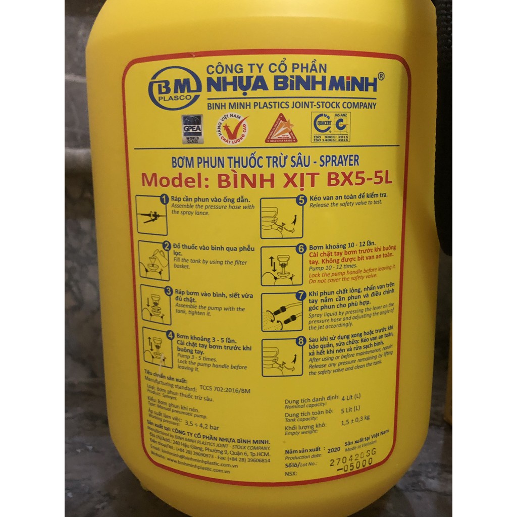 Bình xịt 10L/5L Bình Minh phun phân thuốc, phun khử khuẩn, tưới cây cảnh, tưới hoa lan {có tặng ron secure}