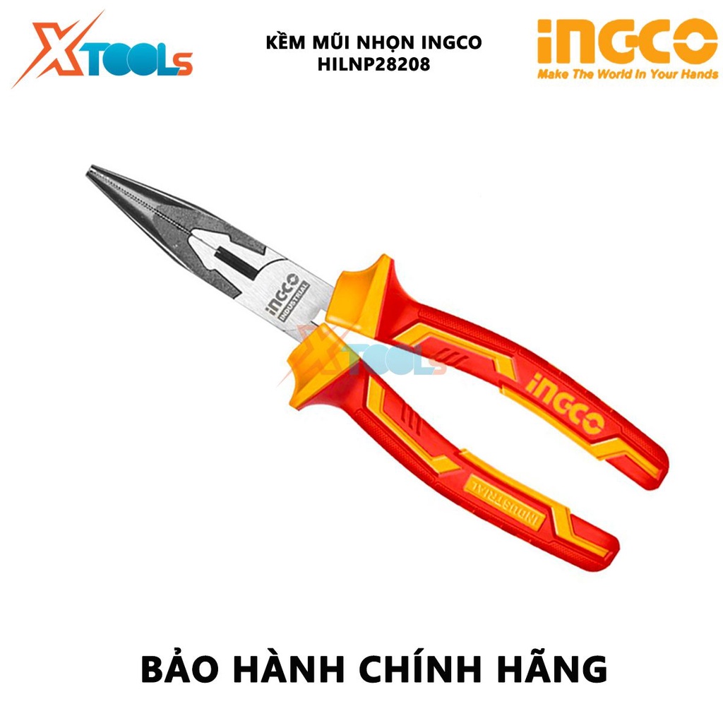 Kềm mũi nhọn cách điện INGCO HILNP28208 | Kìm cắt công nghiệp Kích thước 8&quot;/200mm Đầu kềm được đánh bóng và chống gỉ, dù