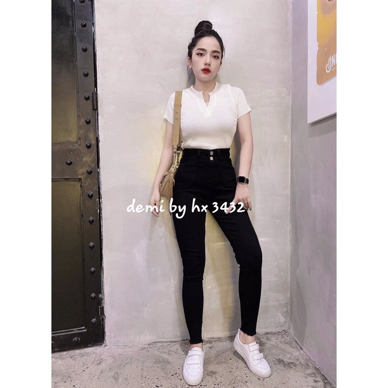 Quần bò cạp cao 2 cúc siêu đẹp, quần jean lưng cao hai túi co dãn dễ phối đồ