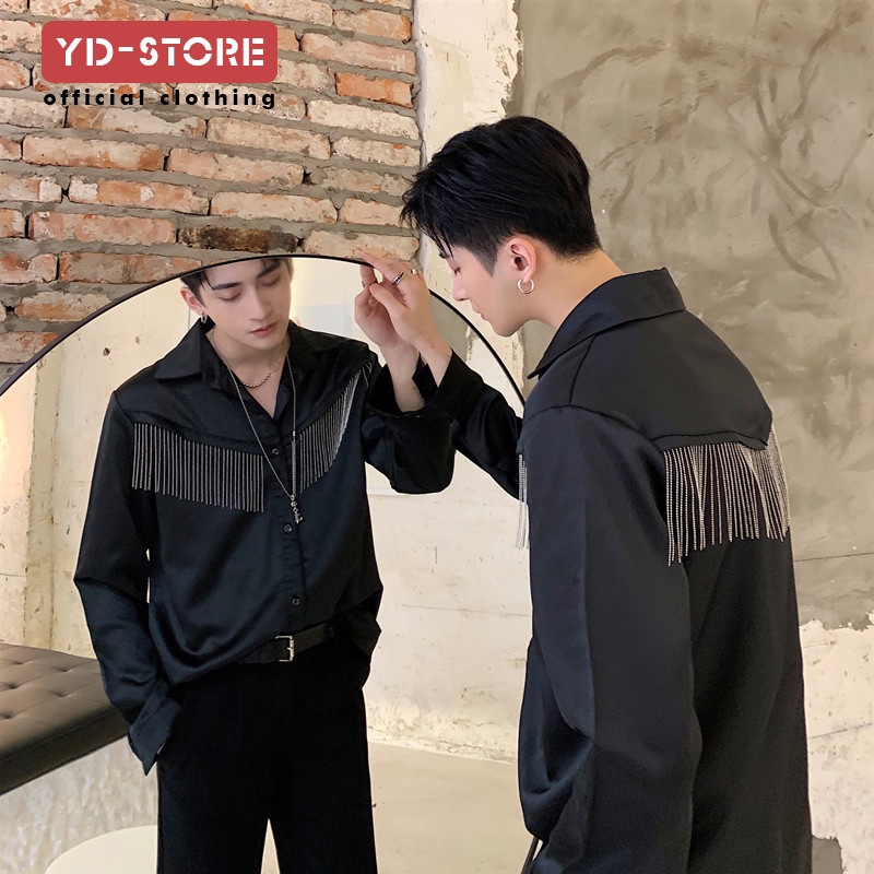 Áo Sơ Mi Lụa Satin Cao Cấp Đính Tua Rua Kim Loại Thời Trang Mới Cho Nam