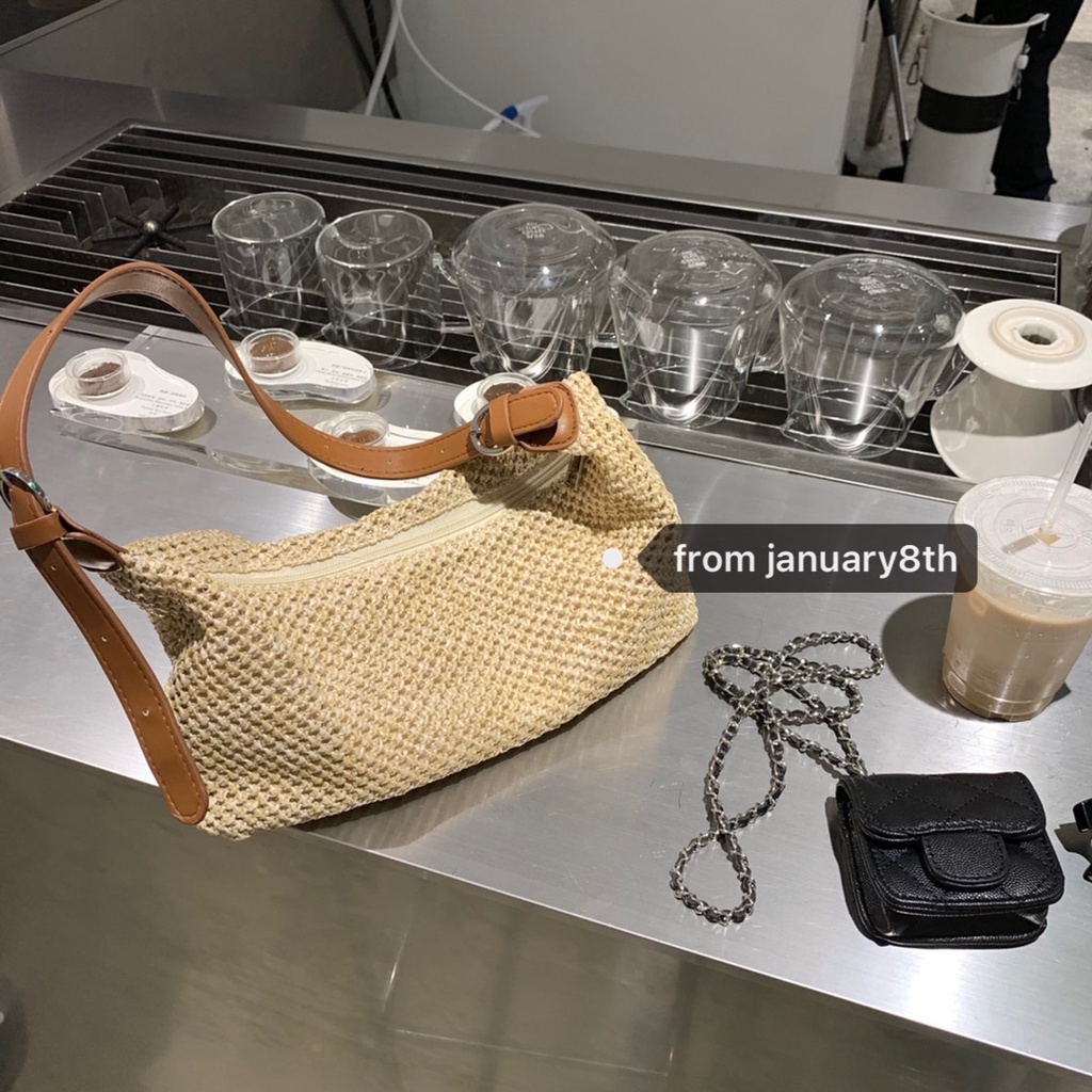 Túi đeo vai bện dây màu nâu phong cách mùa hè thời trang cho nữ