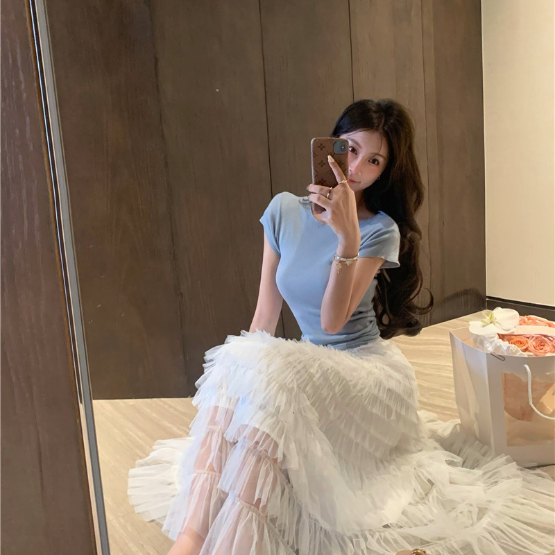 Jane Áo cropotop màu trời - chân váy tầng trắng Cinderella ẢNH THẬT CUỐI