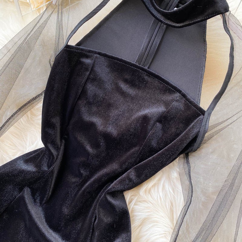 Đầm Nhung Dự Tiệc Hở Ngực Phối Tay Hàng Thiết Kế Tôn Dáng Sang Trọng | BigBuy360 - bigbuy360.vn