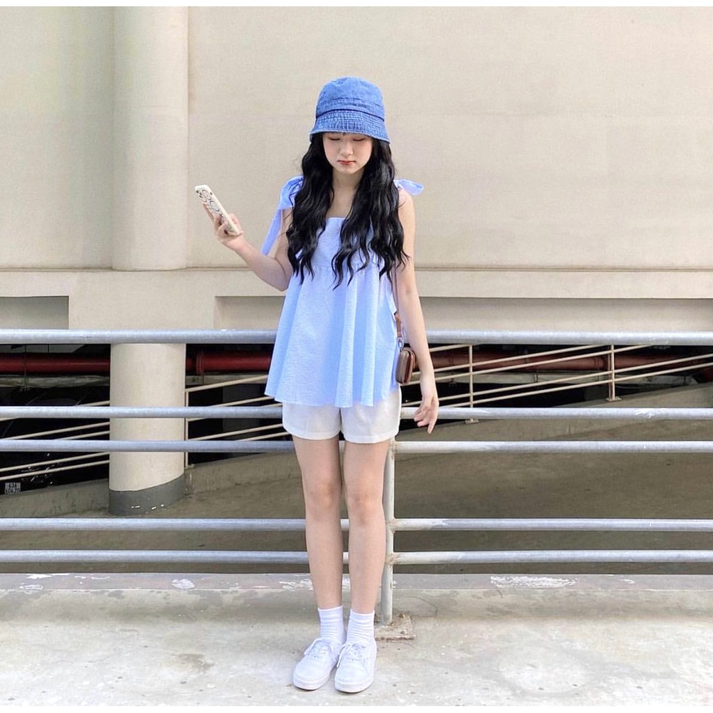 Set Áo 2 Dây Buộc Nơ Xanh Kate PEONYB Nữ [FREESHIP]  Bộ đồ babydoll kẻ caro bánh bèo kèm short form rộng Ulzzang