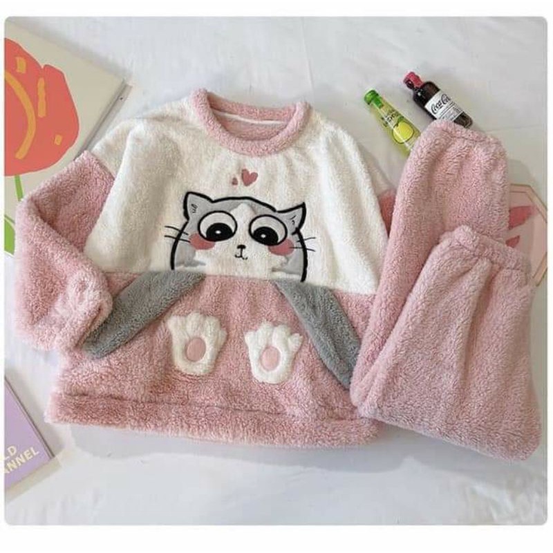 Bộ ngủ mùa đông bộ mặc nhà lông mèo dễ thương lông dày mặc ấm lên dáng xinh | BigBuy360 - bigbuy360.vn