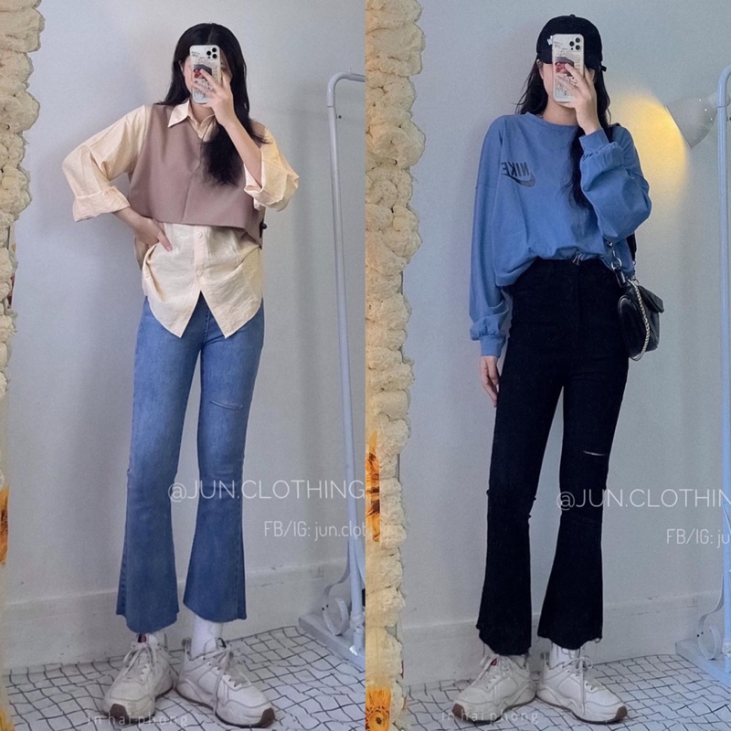 [Ảnh thật/Video]Quần ống loe CAMY Cắt đùi cá tính quần ống loe Hàn Quốc co dãn tốt
