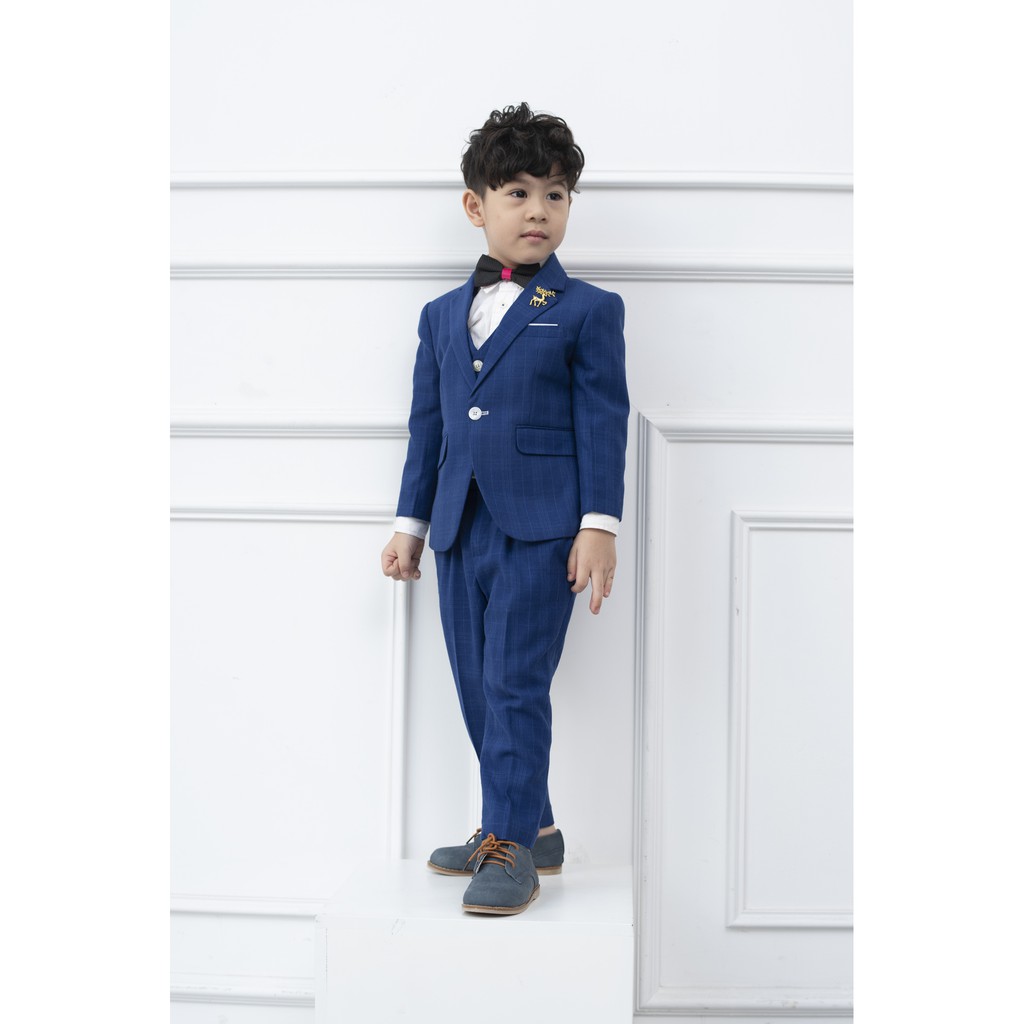 Bộ vest bé trai màu xanh kẻ mờ