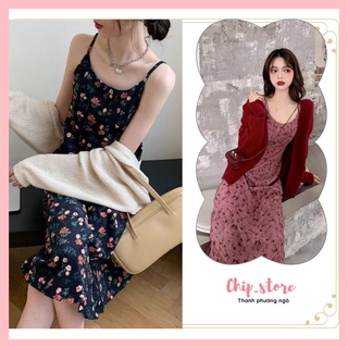 Đầm 2 dây hoa nhí vintage dáng dài chất liệu nhung tăm cá tính