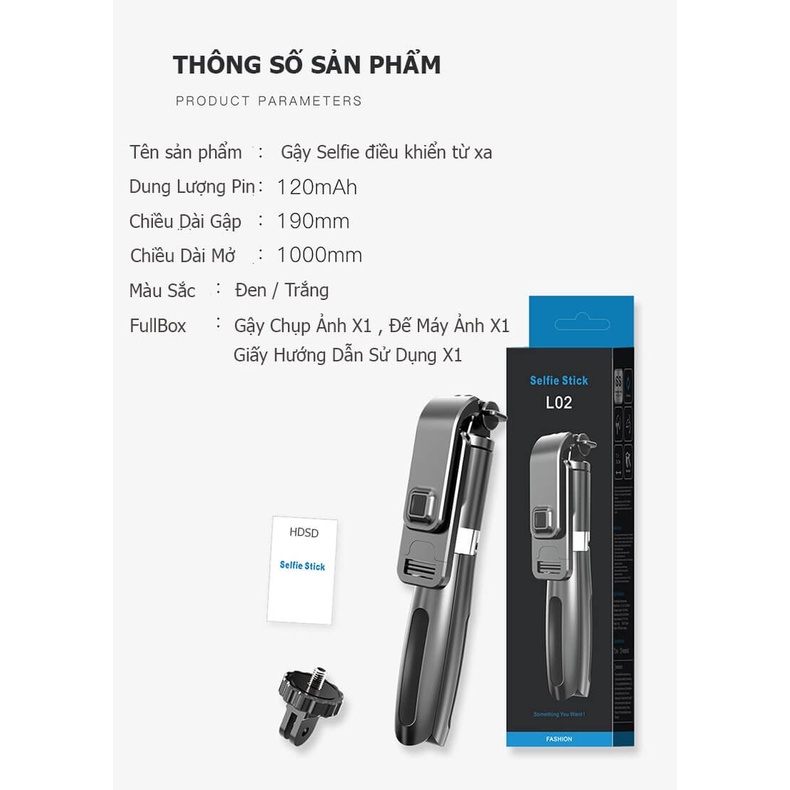 Gậy Chụp Hình Selfie L02 Chân Tripod Với Bluetooth, Kéo Dài 100Cm, Dành Cho Điện Thoại Và GoPro