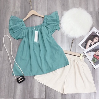 Set đồ nữ áo cánh tiên trễ vai mix quần soc, set bộ nữ áo cổ vuông mặc 2 kiểu chun ngực mix quần sooc siêu xinh