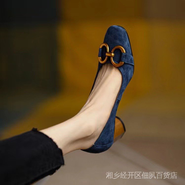 Giày Cao Gót Mũi Vuông Màu Xanh Dương Phong Cách Pháp Thời Trang Mùa Xuân 2021 Mới Cho Nữ