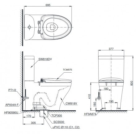 Bồn Cầu TOTO CS818DE2 Hai Khối Nắp Cơ chính hãng( hình thật)