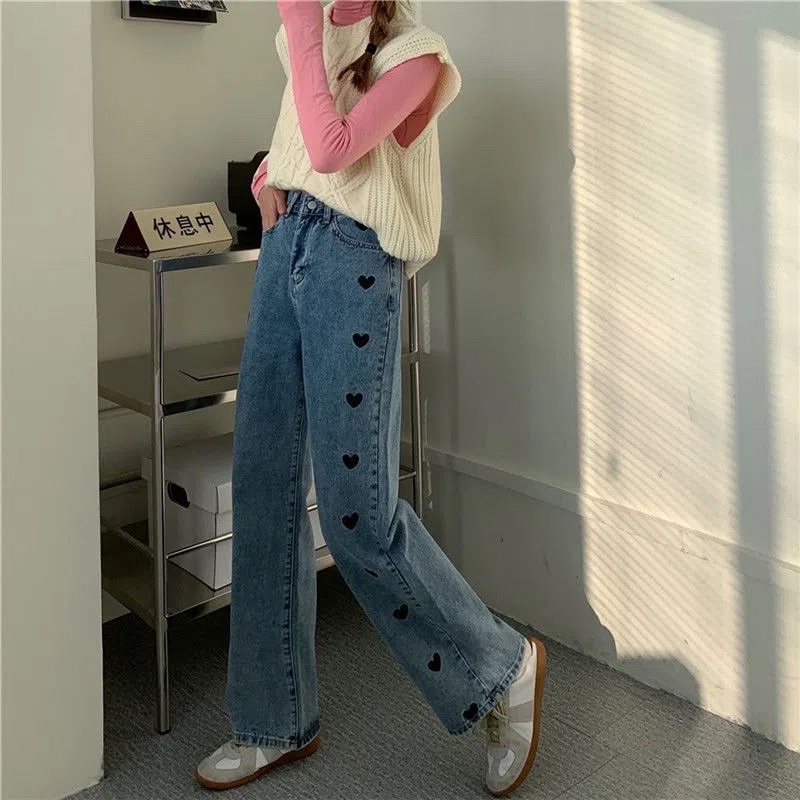 Quần Jean Ống Suông Nữ Màu Xanh Cạp Cao Phom Suông Loại 1 Phong Cách Ulzzang Hàn Quốc Chất Co Dãn Nhẹ