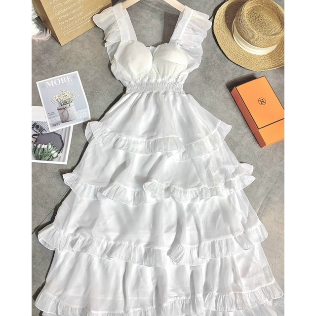 Váy đầm trắng dự tiệc maxi xòe công chúa xếp tầng dài hai dây bèo cánh tiên chất voan tơ V0084 LULLY DRESS