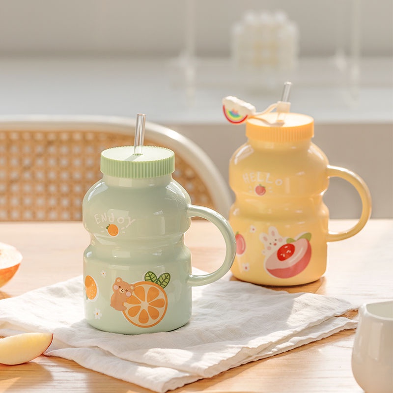 Cốc Uống Nước Bằng Sứ Có Ống Hút Dễ Thương Dung Tích Lớn Cho Nữ