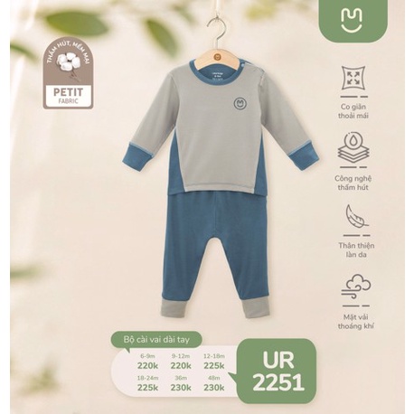 Bộ Uala Rogo dài tay cài vai Petit cao cấp mềm mịn thoáng mát thấm hút tốt trơn phối mẫu mới cho bé trai bé gái 2251