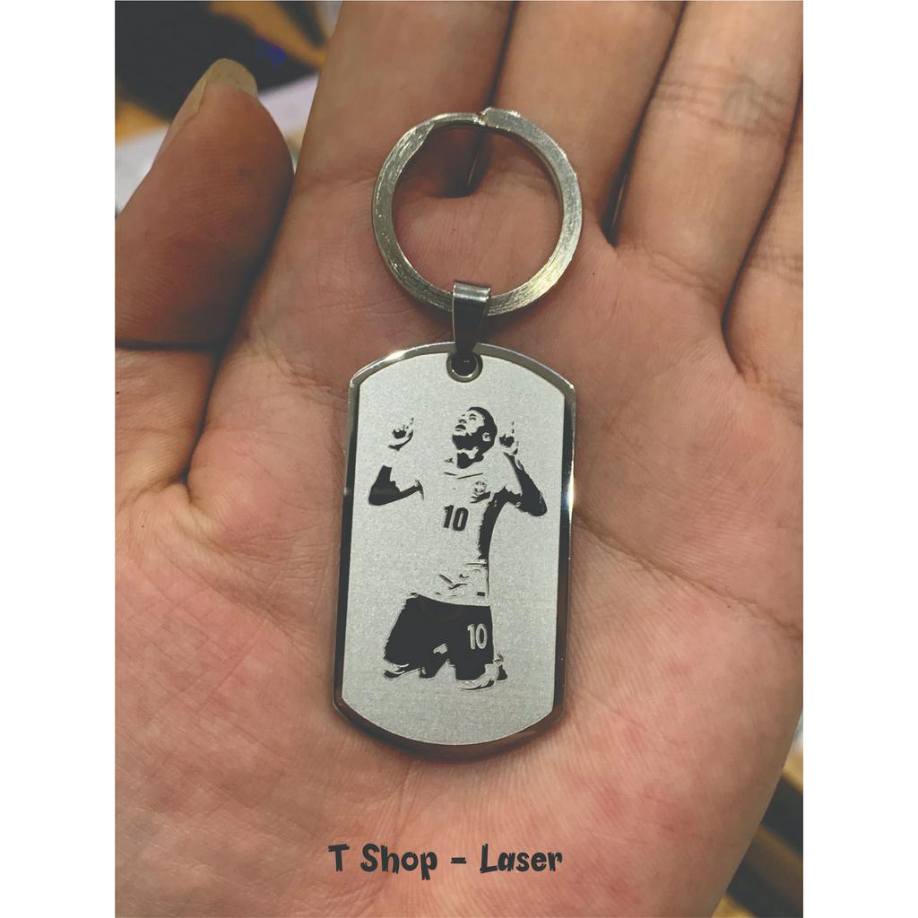 Móc khóa bóng đá khắc laser 2 mặt, Móc khóa inox khắc hình đội bóng