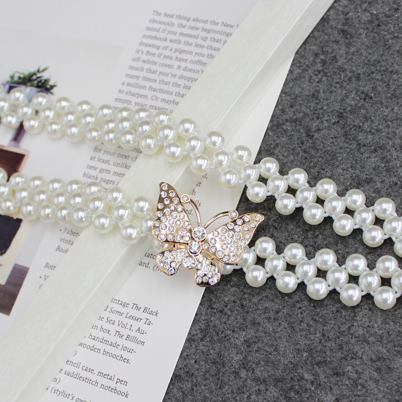 Thắt lưng đàn hồi đính đá ngọc trai nhân tạo phối khóa kim loại thời trang cho nữ