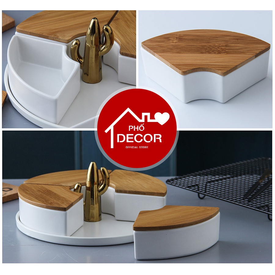 Khay Mứt Phố Decor Nắp Gỗ Tre Già Cao Cấp Đựng Bánh Kẹo, Mứt Phối Sứ Xương Rồng 4 Ngăn