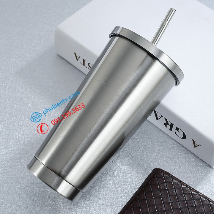 Ly giữ nhiệt 500ml có ống hút - Cốc giữ nhiệt INOX304 ( Màu Bạc - Vàng Hồng - Đen )