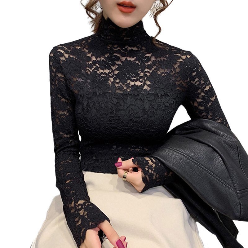 Autumn 2020 new half high neck slim fit long sleeve T-shirt women's autumn winter hollow lace bottoming top