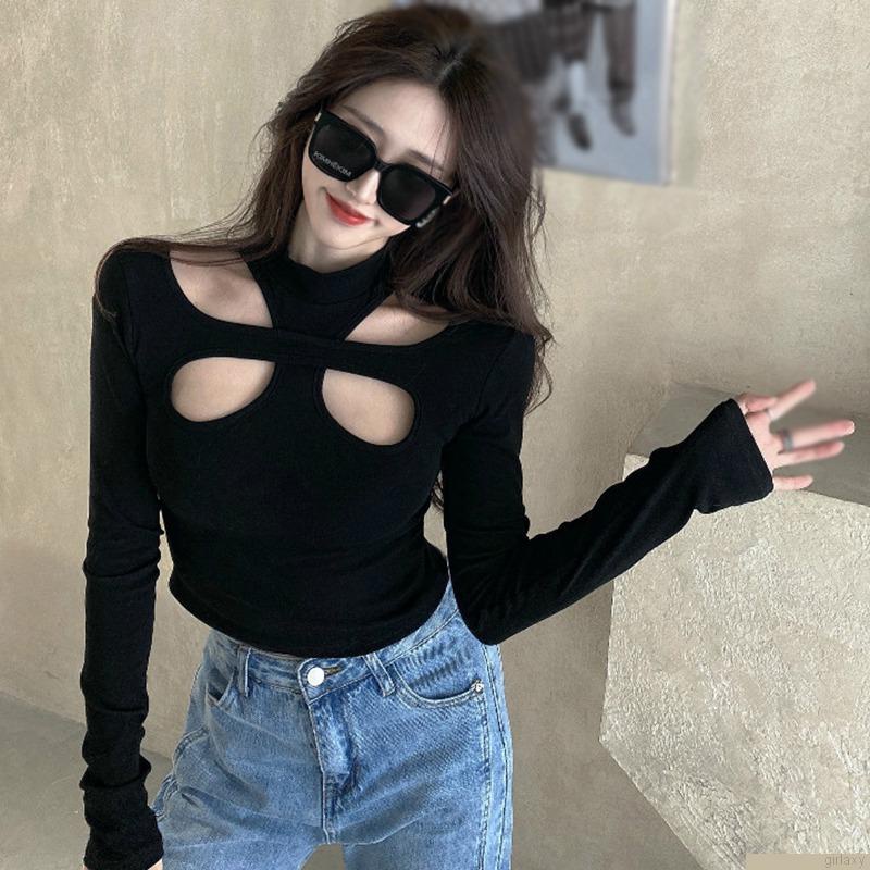 Áo thun croptop tay dài màu sắc đơn giản quyến rũ cho nữ