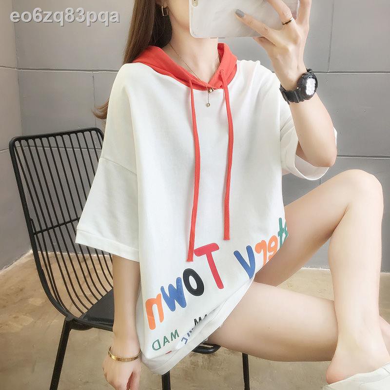 áo thunPlus size phụ nữ mùa hè 2021 Hàn Quốc áo len ngắn tay có mũ trùm đầu rộng rãi cotton tinh khiết màu sắc
