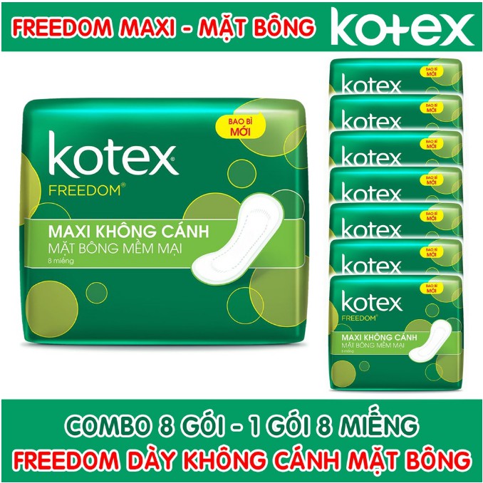 Bịch 8 Gói Băng Vệ Sinh Kotex Freedom Maxi Dày Không Cánh Mặt Bông (Gói 8 Miếng)