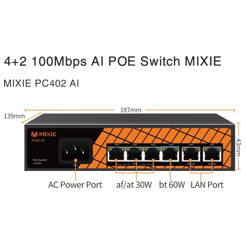 Switch Poe 4 Cổng 8 cổng Mixie PC402 4+2 / PC801 8+1  - Chống Sét - Khoảng Cách Tối Đa 250 Mét