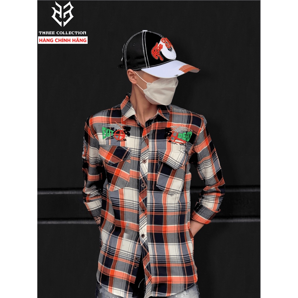 Áo sơ mi nam THREE COLLECTION sọc caro tay dài thêu logo full áo, sơ mi nam thêu to chiến binh la mã chất kaki dày dặn S
