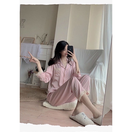 TH-BỘ LỤA PHỐI REN 3 MÀU HỒNG XANH VÀNG DÀI TAY CỰC ĐẸP CHO NỮ