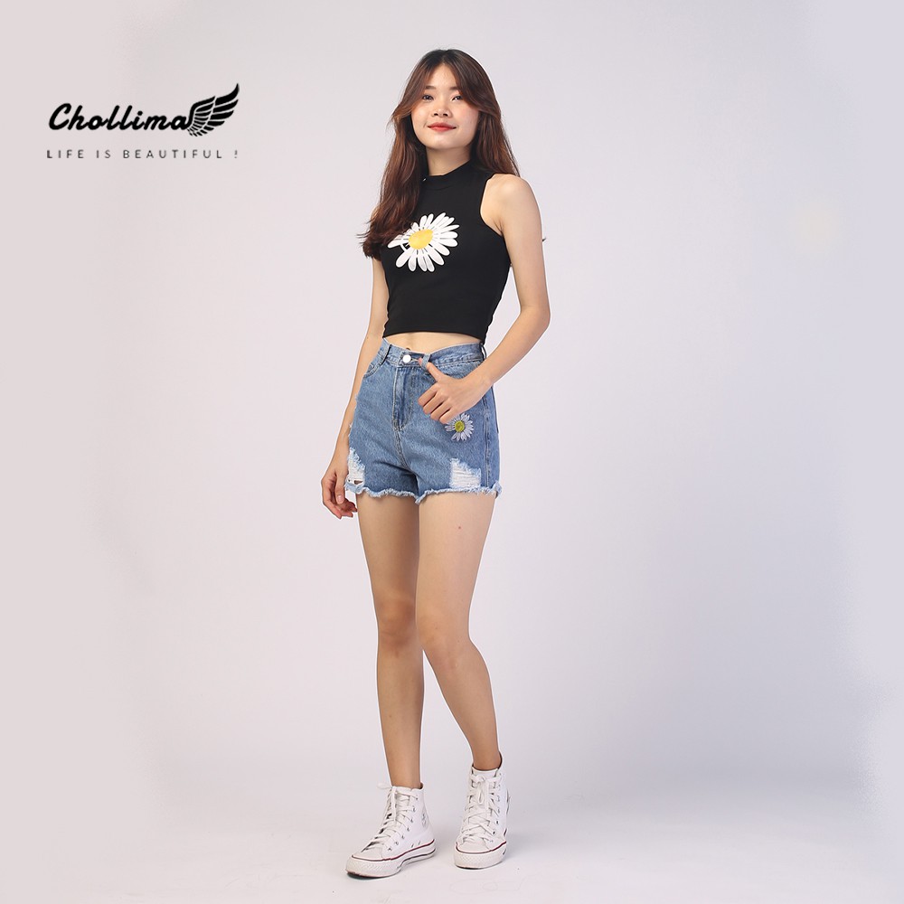 Quần short jeans nữ Chollima tua lai thêu 1 hoa cúc QS014 – quần sọc jeans nữ ulzzang