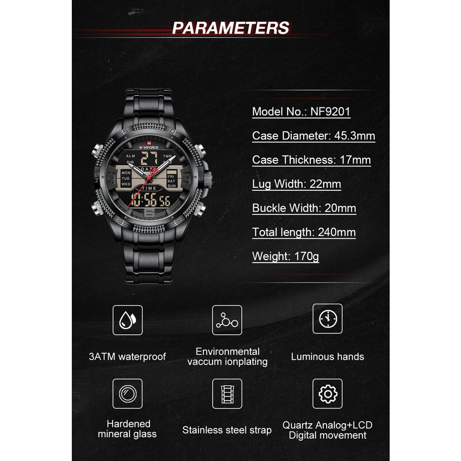 Đồng Hồ Led NAVIFORCE 9201 Thiết Kế Thời Trang Chống Nước Cho Nam