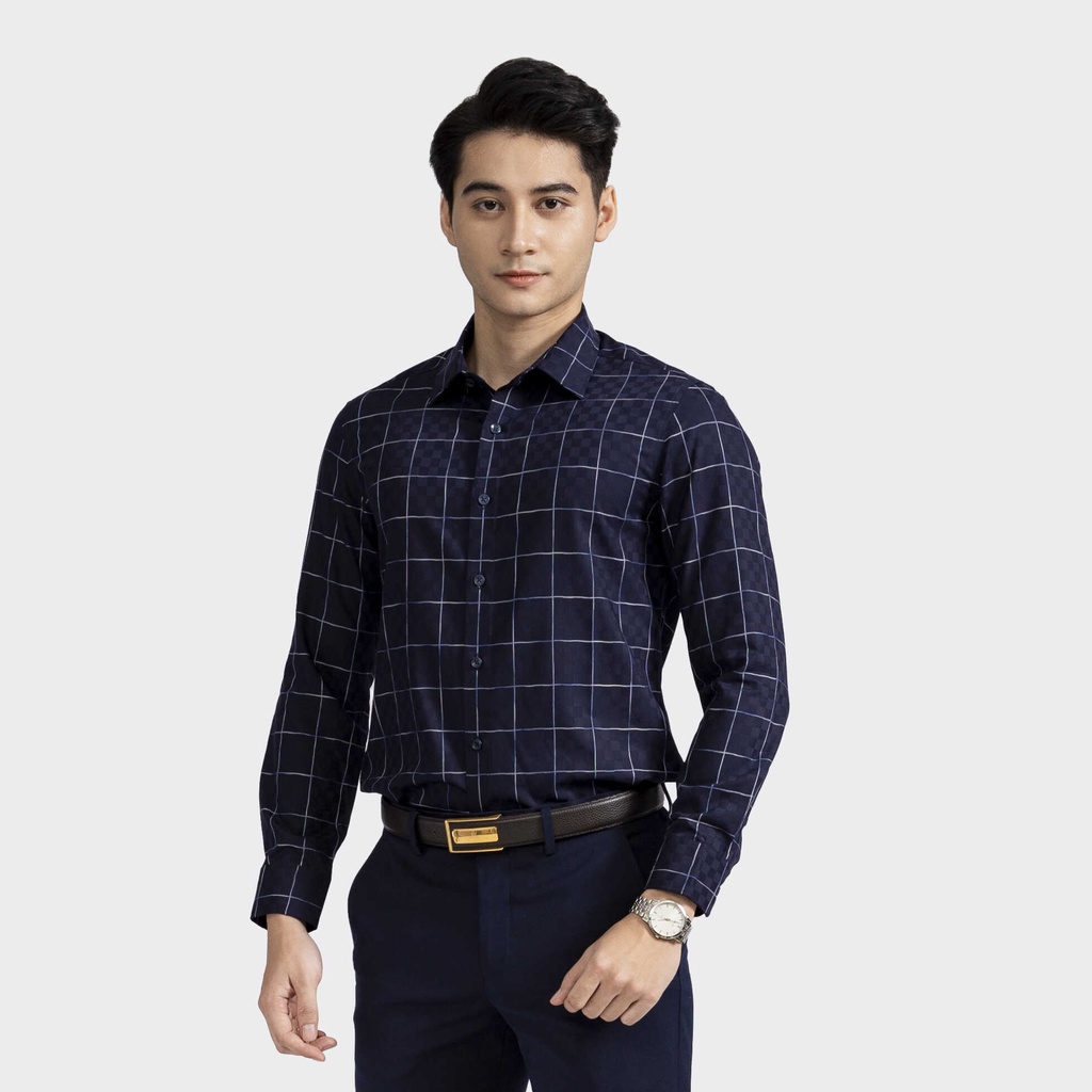 Áo sơ mi nam dài tay ARISTINO phom dáng slim fit, họa tiết kẻ trắng trên nền xanh tinh tế, lịch lãm - ALS07602