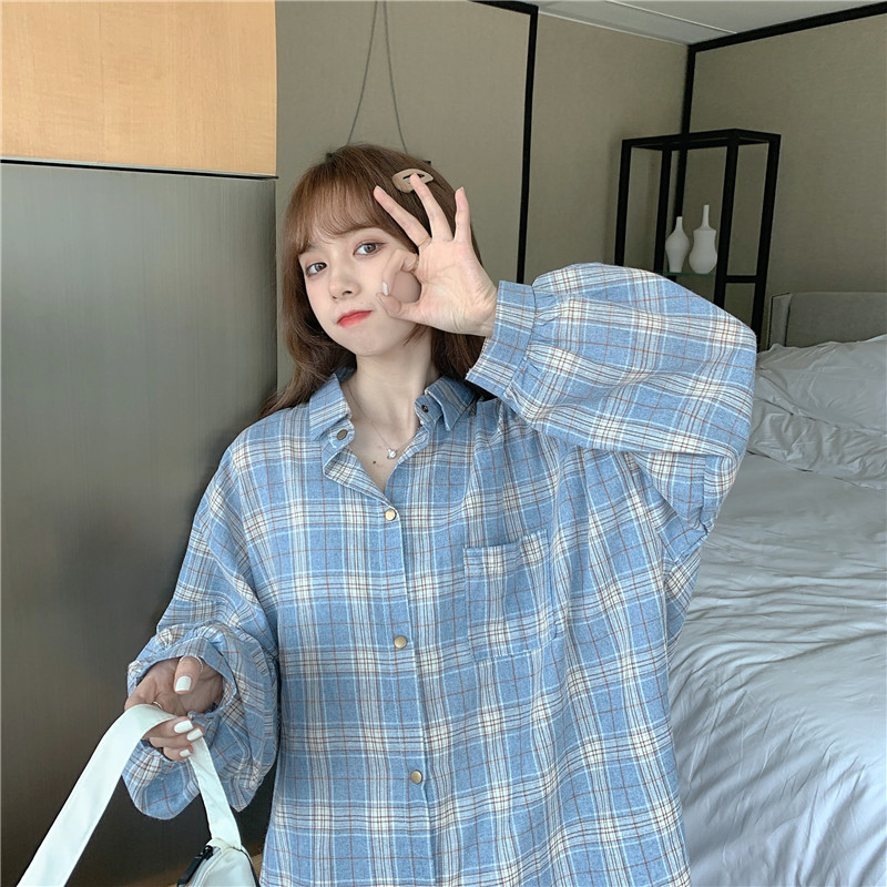 SUXI Áo sơ mi nữ dáng rộng kẻ sọc ca rô nhiều màu lựa chọn