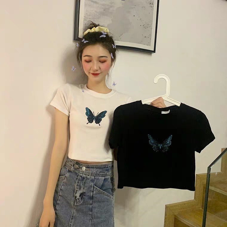ÁO CROPTOP ĐEN THÊU HÌNH CON BƯỚM | BigBuy360 - bigbuy360.vn