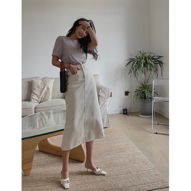 Set Chân Váy Midi Kaki Phối Áo Thun