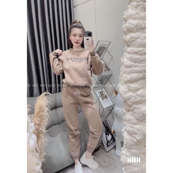 Bộ nỉ nữ thu đông Ess cao cấp Set bộ quần chun ống bo gấu kèm áo sweater in hình đẹp phong cách đường phố ulzzang Ailee